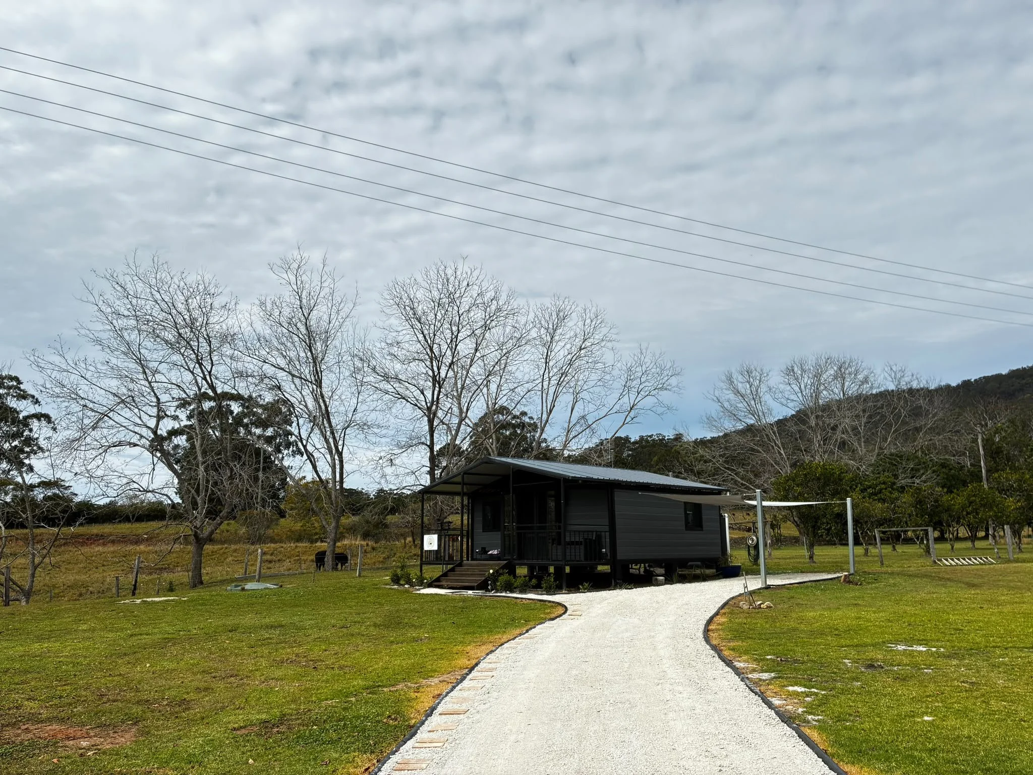 A modern black house with a porch, situated in a rural area with leafless trees, a gravel path, and overcast sky.