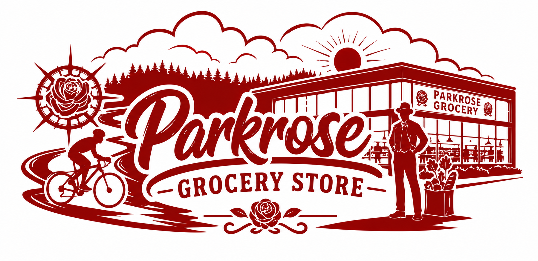 A stylized red and white illustration of Parkrose Grocery Store, featuring a man standing outside, a cyclist on a winding path, a building with the store's name, and natural elements like trees, clouds, the sun, and a large rose logo.