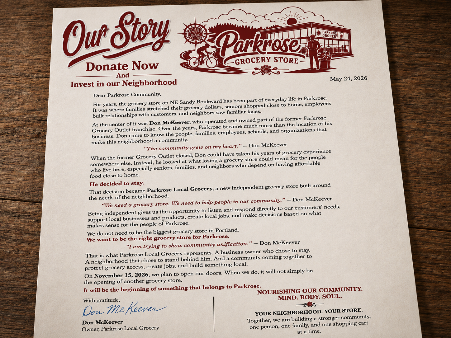 Letter titled 'Our Story' from Parkrose Grocery Store discussing their community impact, history, and future plans, dated May 24, 2026, with signature from Don McKeever.