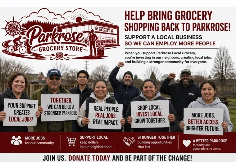 A group of six diverse people standing outdoors, holding signs promoting local grocery shopping and community support, with a Parkrose Grocery Store logo and community message in the background.