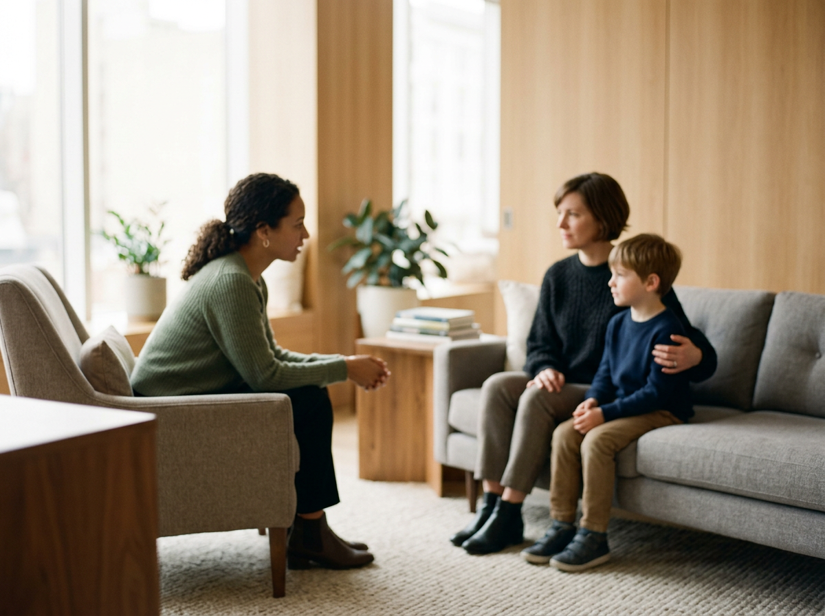 Woman sitting on an armchair talking to a woman and a young boy sitting on a sofa in a living room.