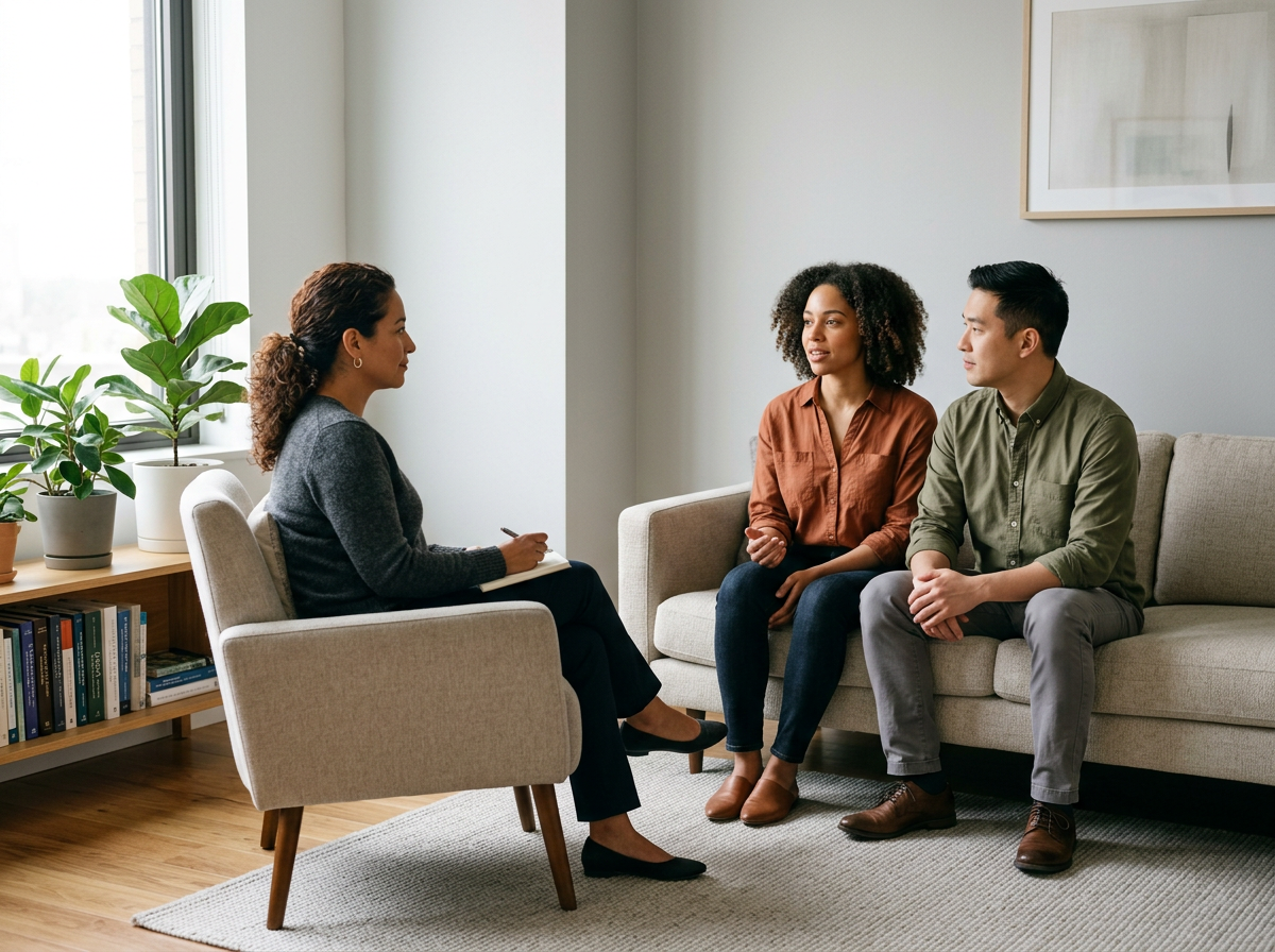A therapy session with a female therapist taking notes, listening to a woman and a man sitting on a sofa, in a bright room with large windows and potted plants.