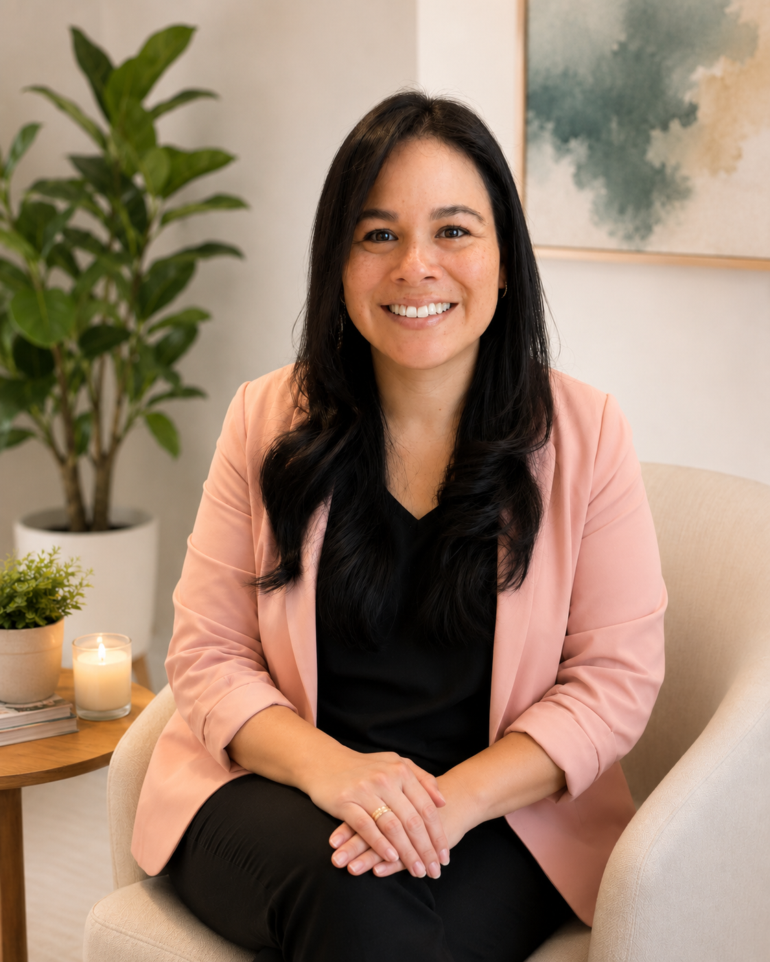 A woman with long black hair, wearing a peach blazer and black top, sitting on a beige chair with hands folded on her lap, smiling at the camera in a cozy, well-decorated room.