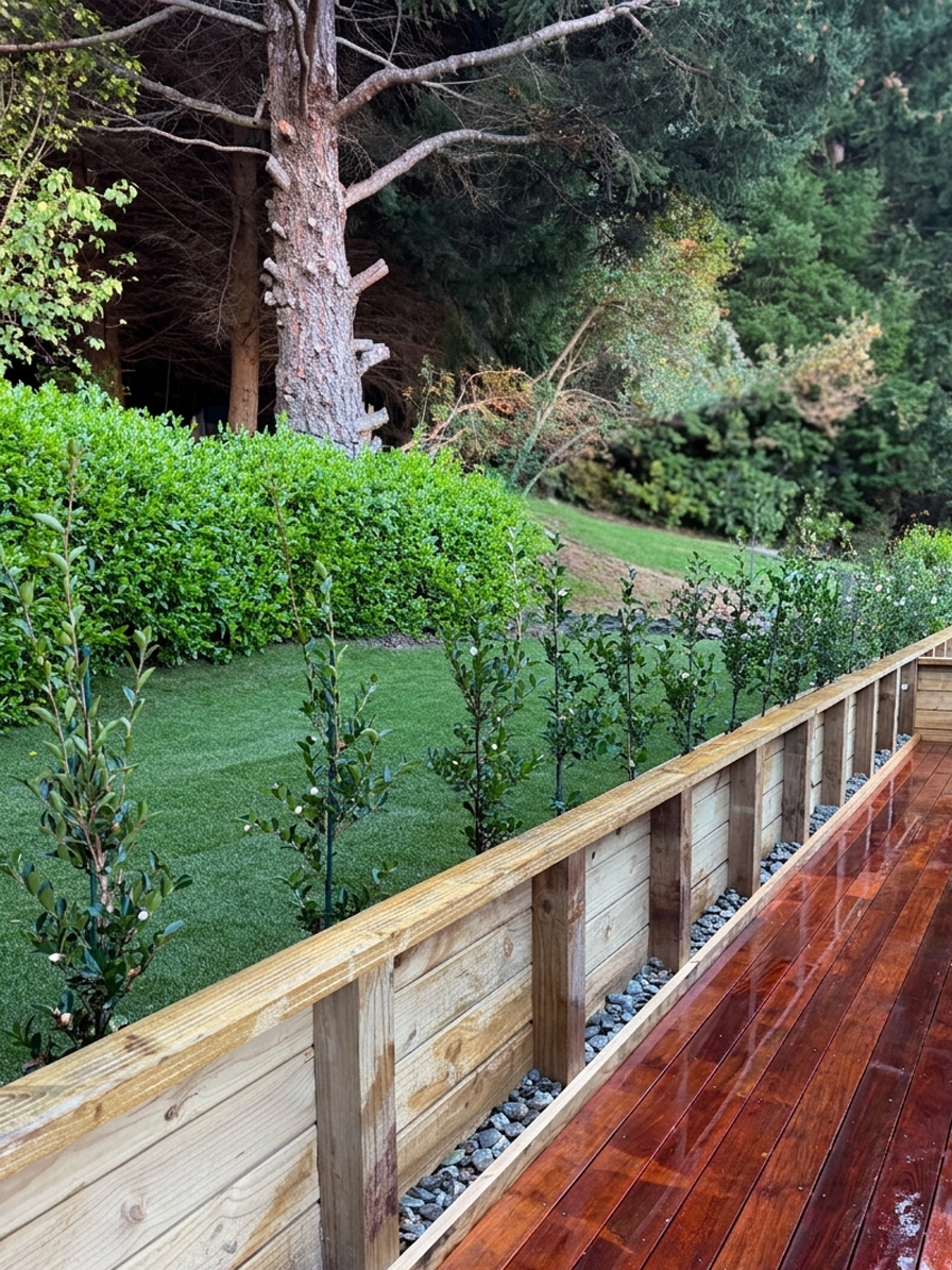 A wooden deck with wet, polished planks next to a garden with green shrubbery and small trees, a large tree trunk, and dense forest in the background.