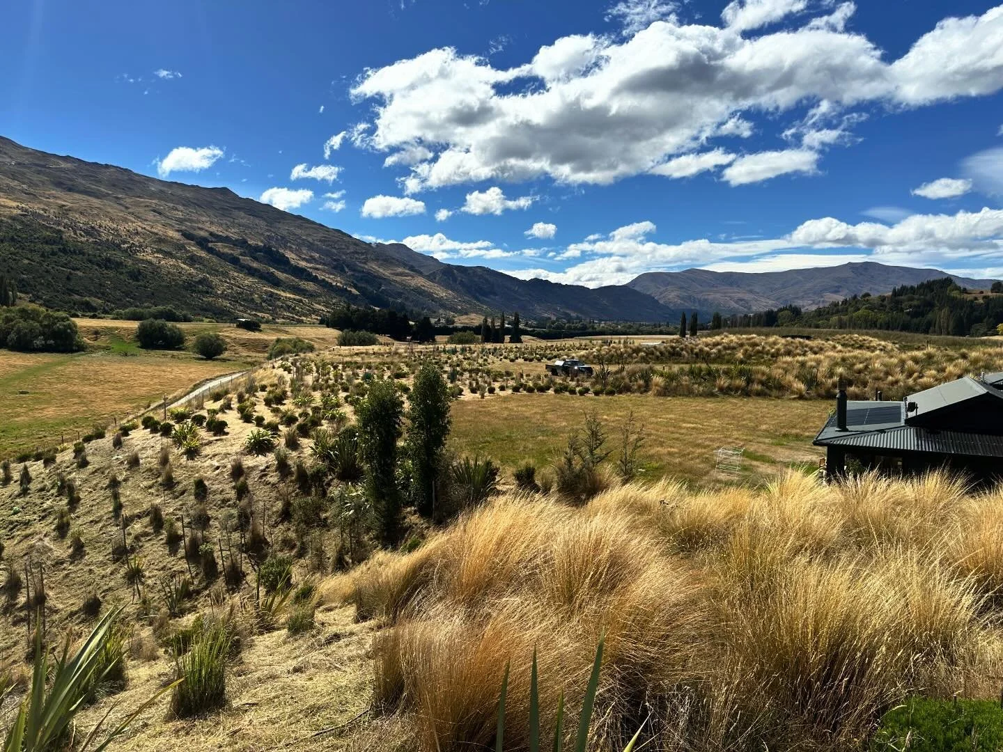 A scenic landscape with grassy fields, shrubs, and a house with a dark roof, surrounded by hills and mountains under a blue sky with clouds.
