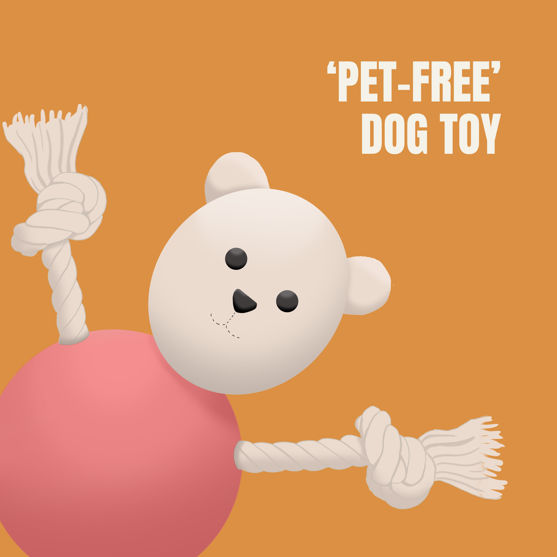 Cute cartoon white dog with black nose and black eyes, sitting on a pink surface, holding a coil rope, with text that reads 'Pet-Free' Dog Toy' against a brown background.