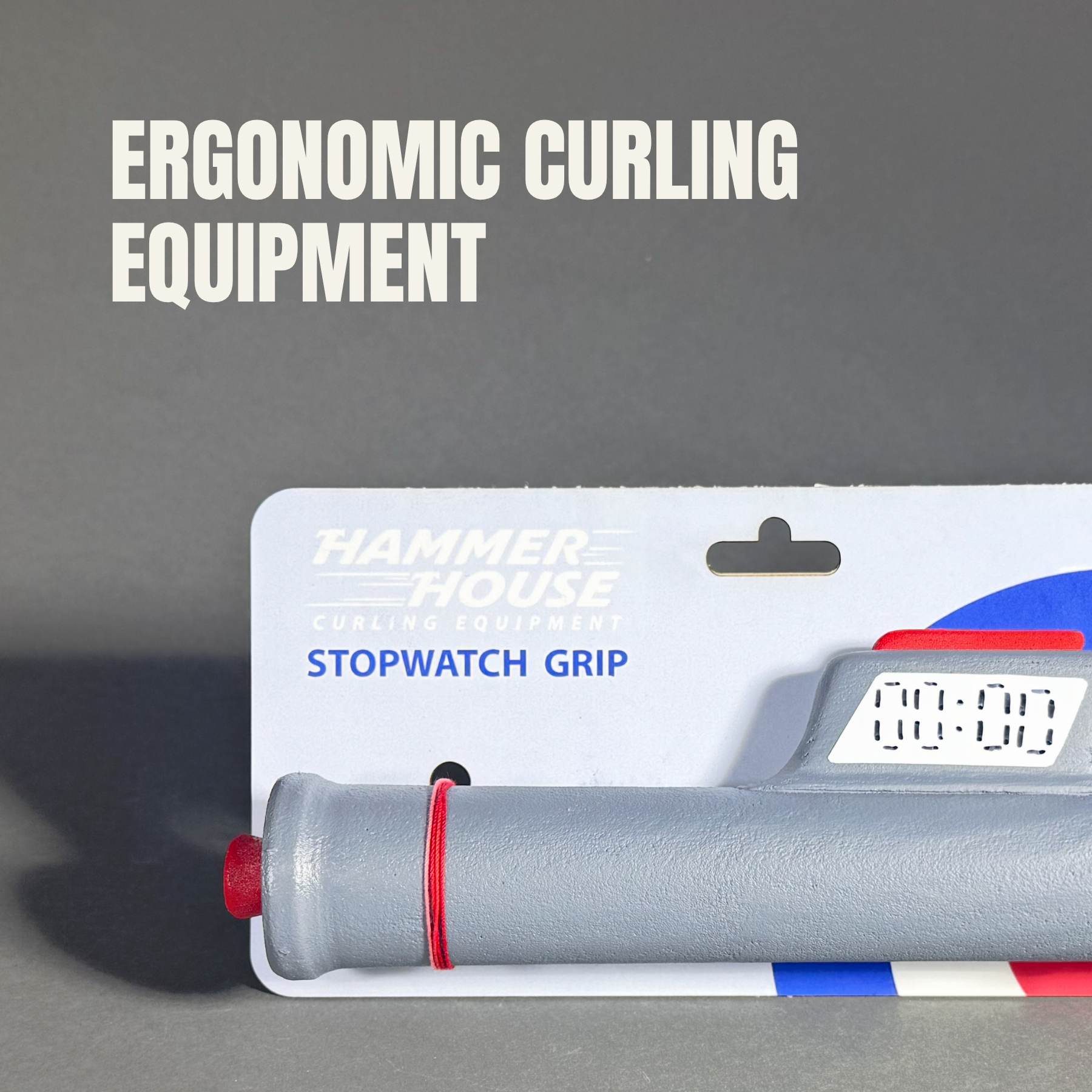 Box of ergonomic curling equipment with a stopwatch grip and a curling stabilizer.