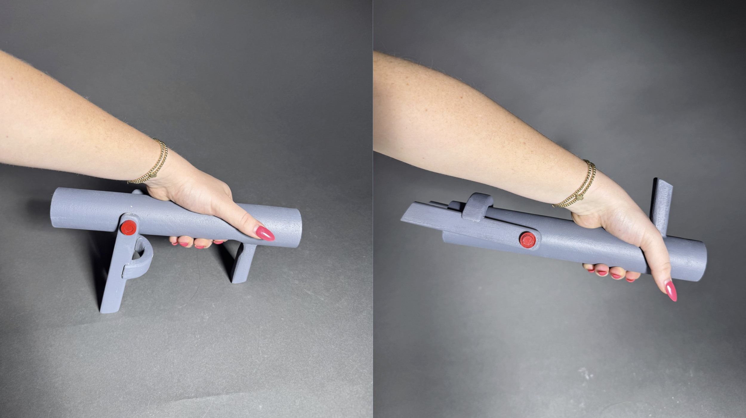 A person with pink nail polish in a gold bracelet uses a gray hand exerciser to strengthen their fingers and hand muscles in a studio setting.