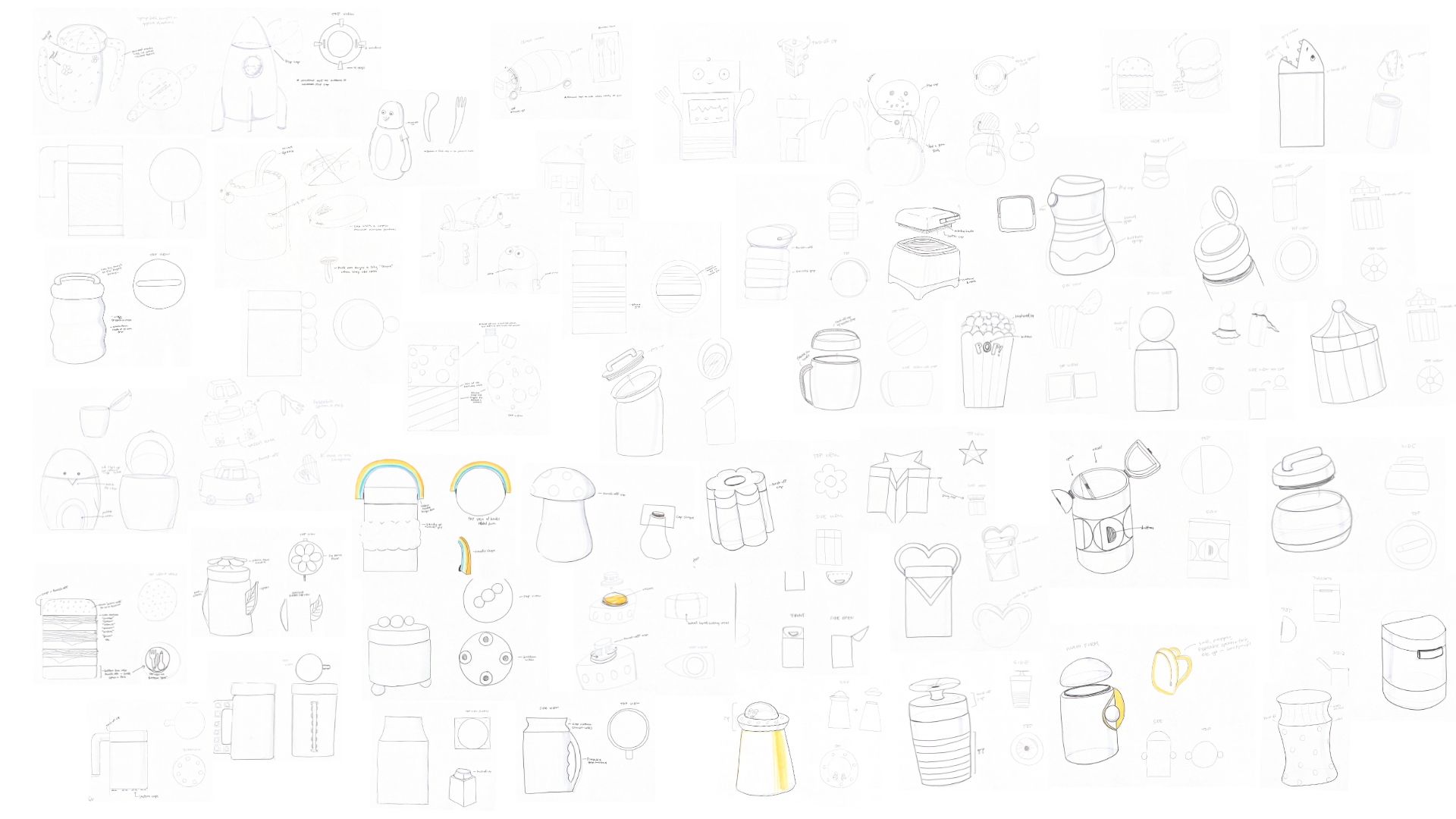 Collection of various product design sketches including toys, household items, and containers, drawn in pencil with some colored highlights.
