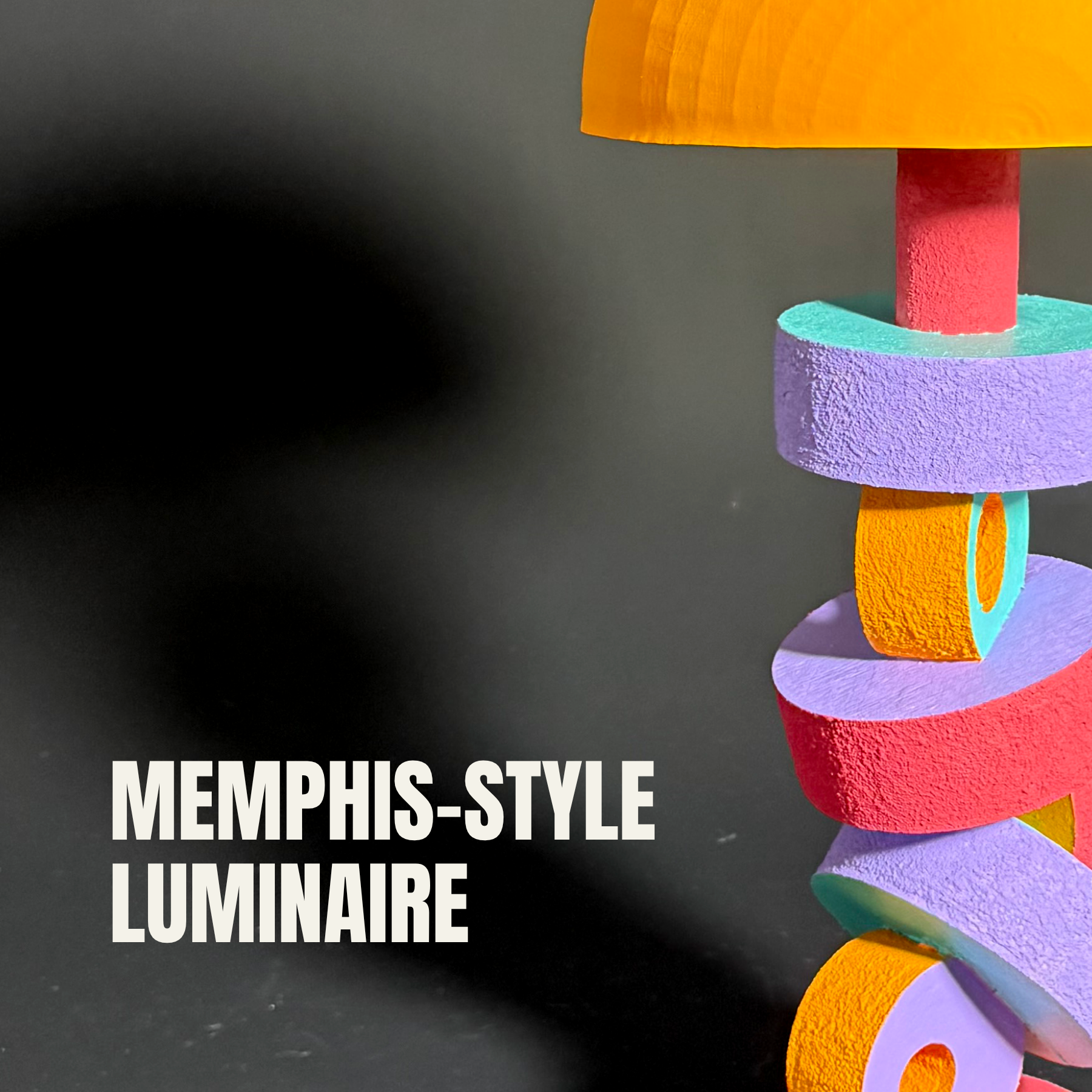 Colorful abstract stacked shapes with Memphis-style design on a dark background, with text reading 'Memphis Style Luminaire.'
