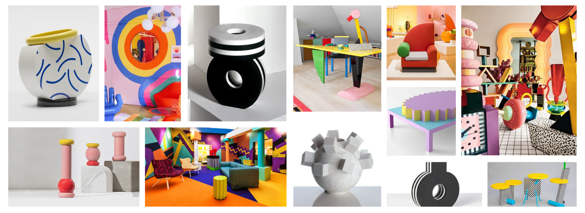Collage of modern and colorful interior design and decor items, including abstract vases, geometric furniture, playful art pieces, and vibrant room settings.