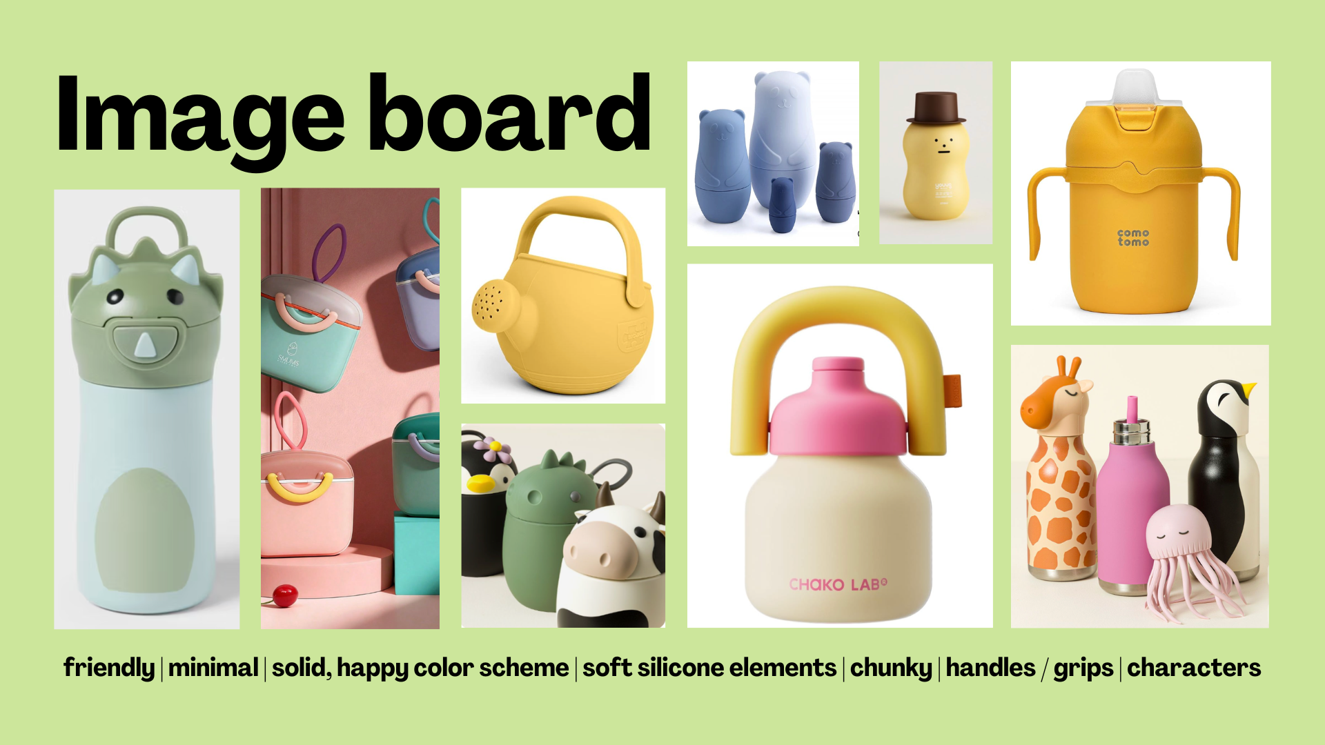 Colorful collection of playful, minimal silicone character-designed bottles, containers, and accessories with soft curves, handles, and grips, set against a green background.