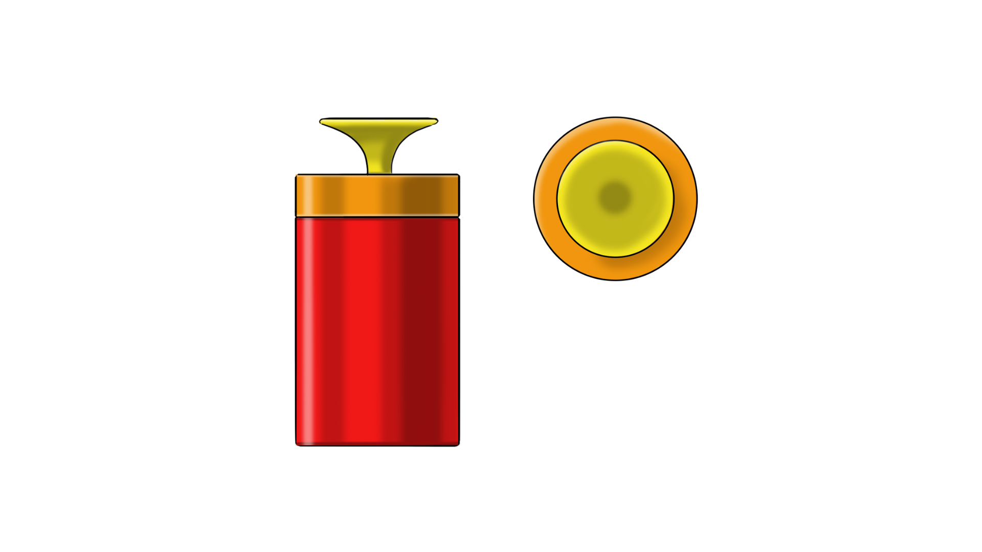 A digital illustration of a firecracker with a red body, yellow top, and orange cap, shown from the front and top views.
