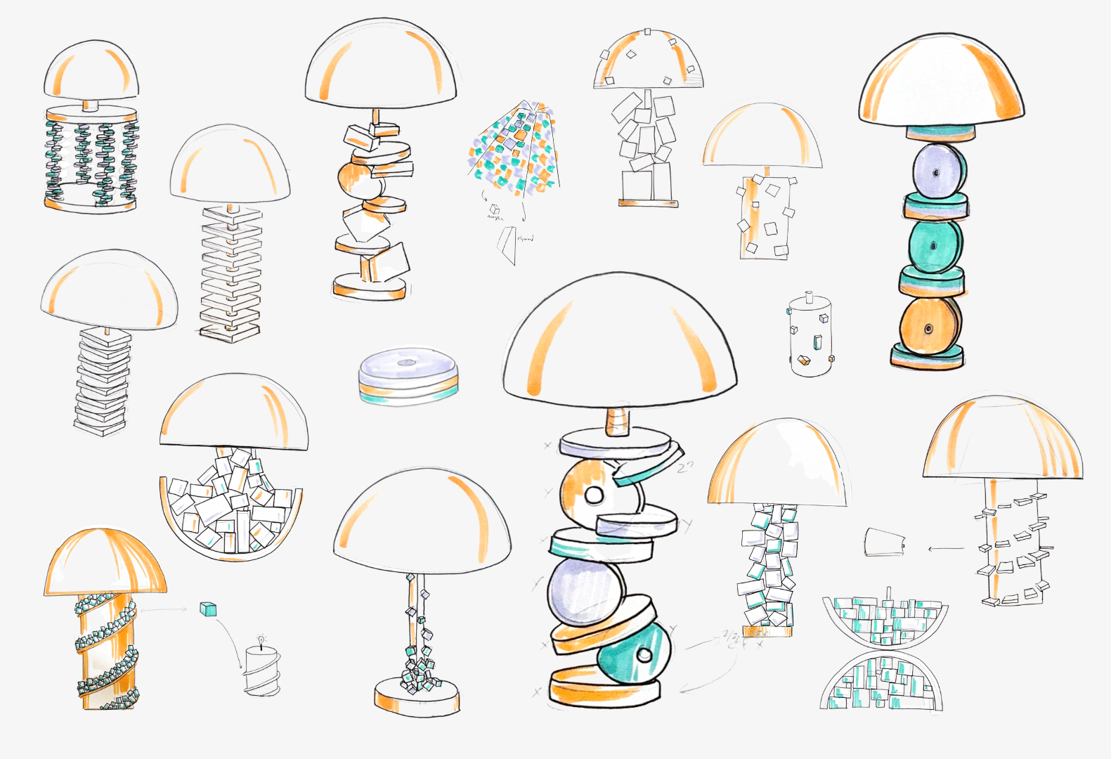 A collection of conceptual sketches of table lamps with various bases made of geometric shapes, some stacked or interconnected, and with shades in different styles.