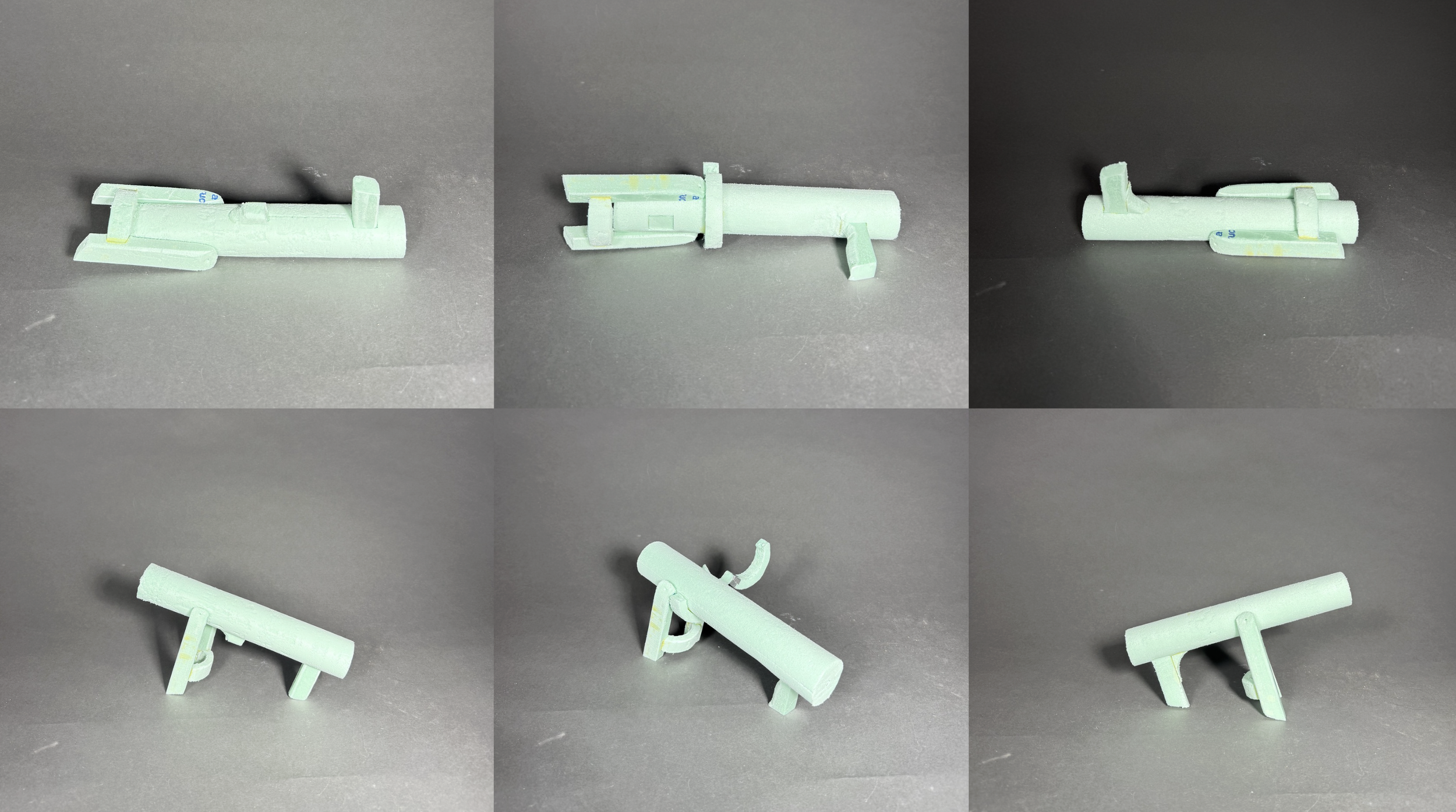 Set of small foam airplane models in green color, shown from different angles on a gray surface.