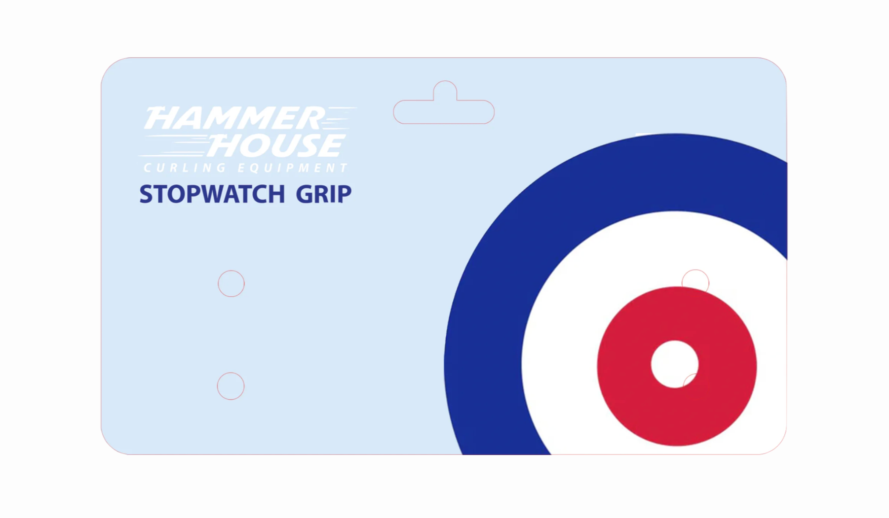 Packaging for Hammer House curling equipment, featuring a target design with red, white, and blue concentric circles and the words 'STOPWATCH GRIP' on a light blue background.