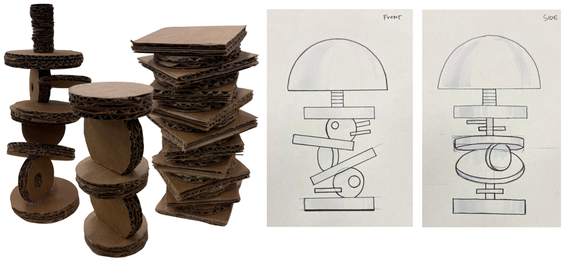Stacked pieces of cardboard, next to hand-drawn sketches of a creative lamp design.