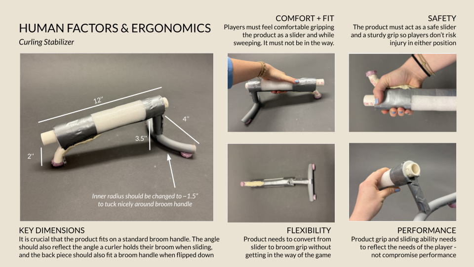 Diagram of a curling stabilizer with key dimensions labeled, showing a handle and a cylindrical body, along with photos demonstrating grip, safety, flexibility, and ergonomic features for curling equipment.