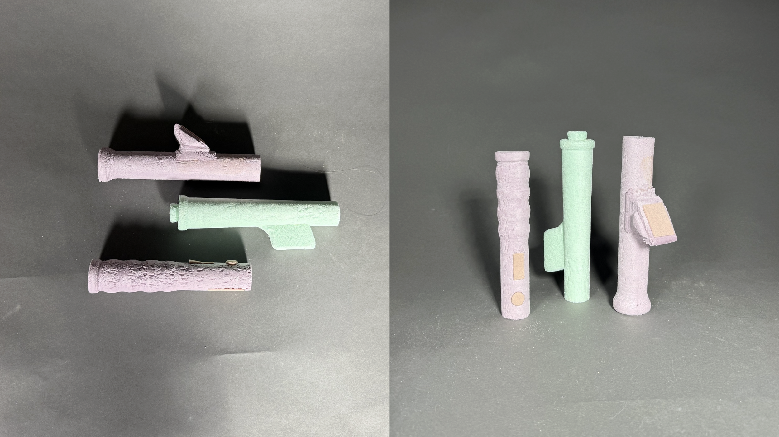 Four pastel-colored chalks arranged on a dark surface, with one chalk showing a silver metallic surface and diverse shaped tips, alongside a photo with the same chalks in a different perspective.