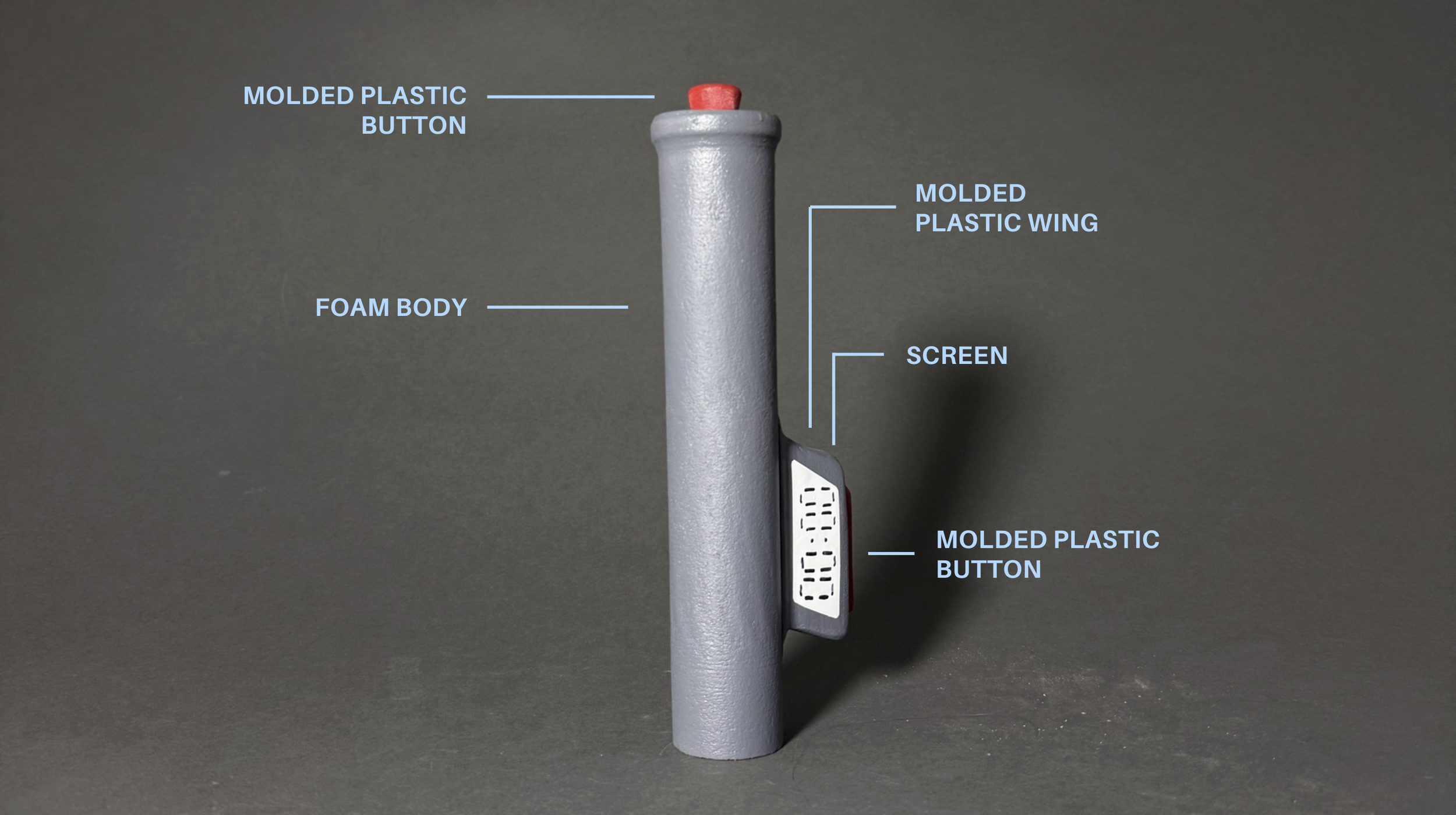 Close-up of a model rocket with labeled parts: molded plastic button at the top, molded plastic wing on the side, foam body, and digital display screen.