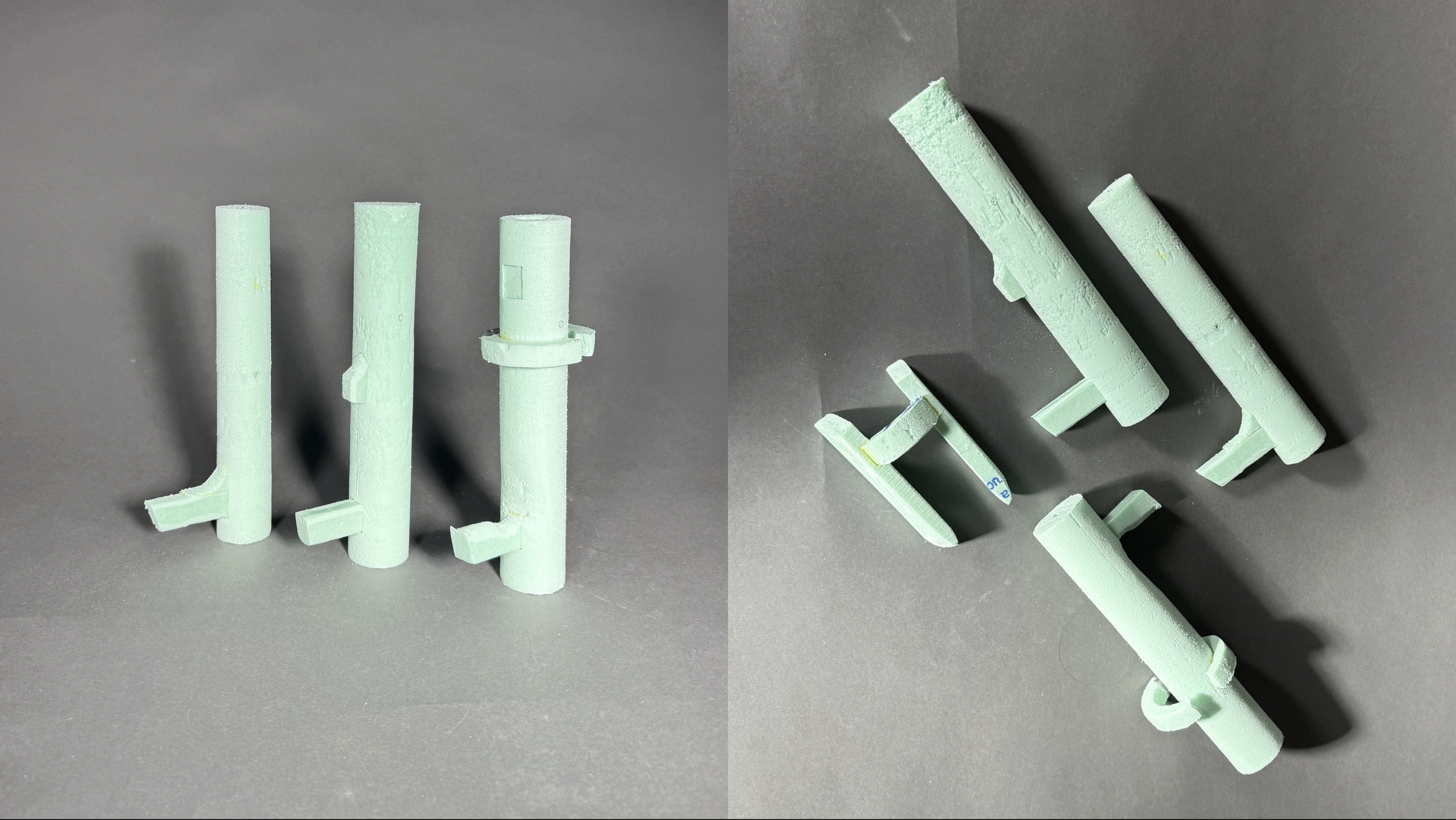 A collection of green foam pipes of various lengths and shapes arranged on a gray surface.