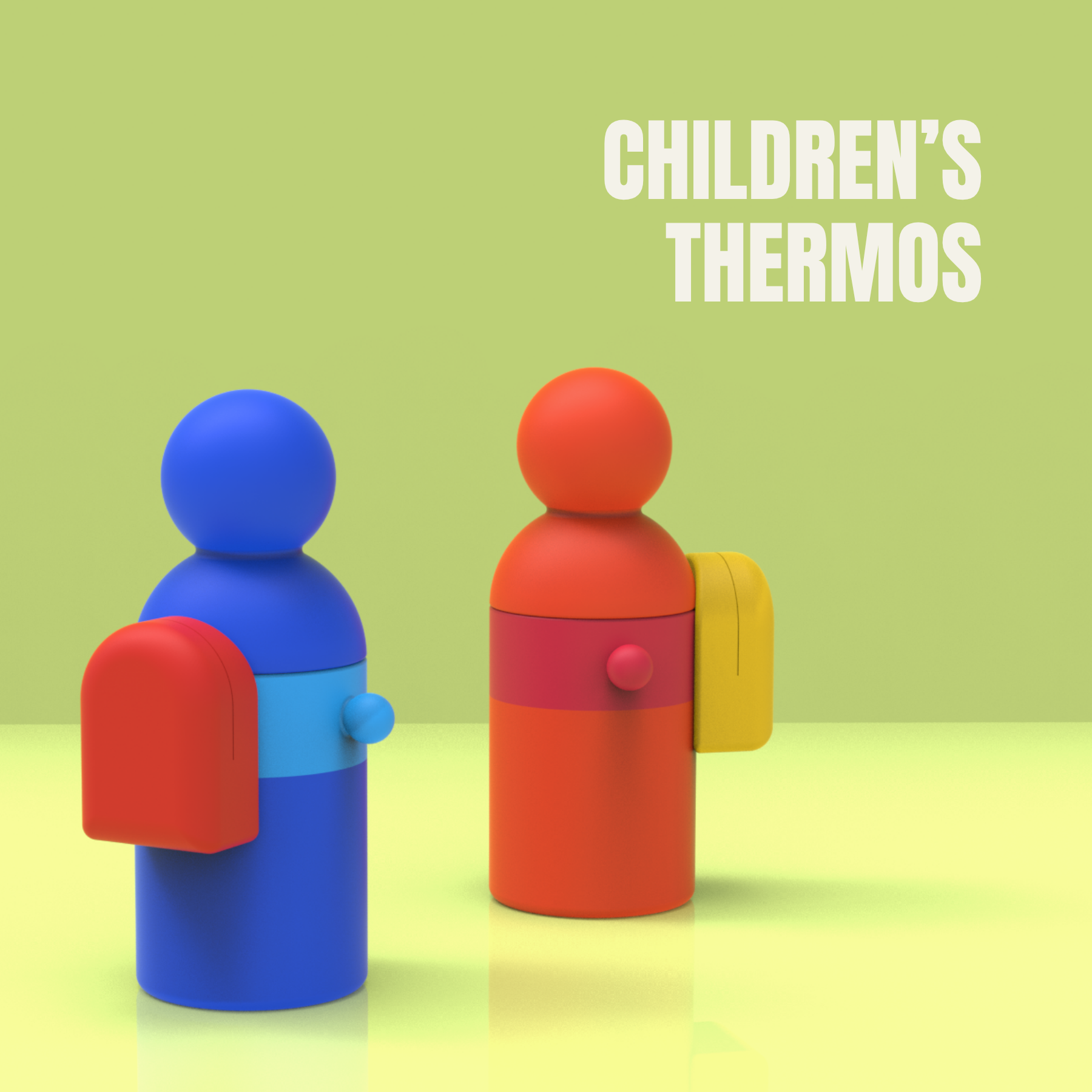 Colorful, abstract children's thermos with geometric shapes on a yellow and green background