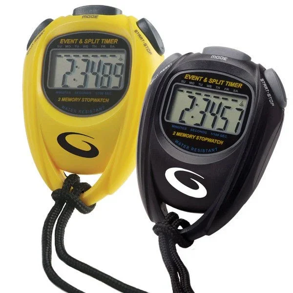 Two digital stopwatches, one yellow and one black, with cords attached. The yellow stopwatch displays 2:34:89 and the black stopwatch shows 2:34:57.