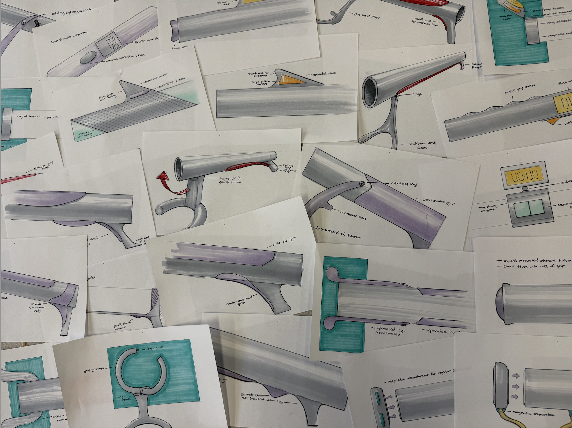 Multiple sketches and diagrams of a handheld device, showing various angles and mechanical parts, each labeled with annotations