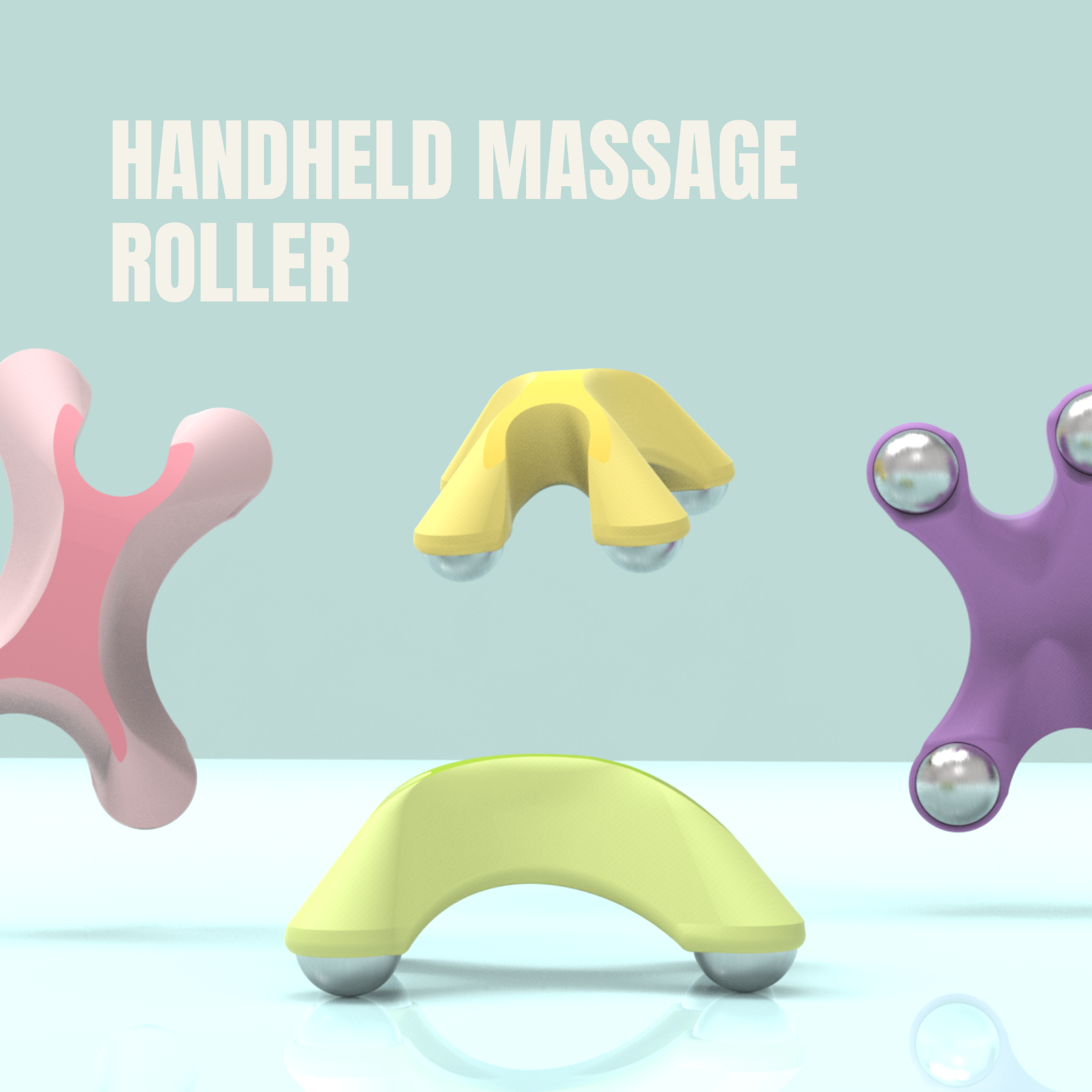 Colorful handheld massage roller with multiple textured surfaces, shown on a light background.