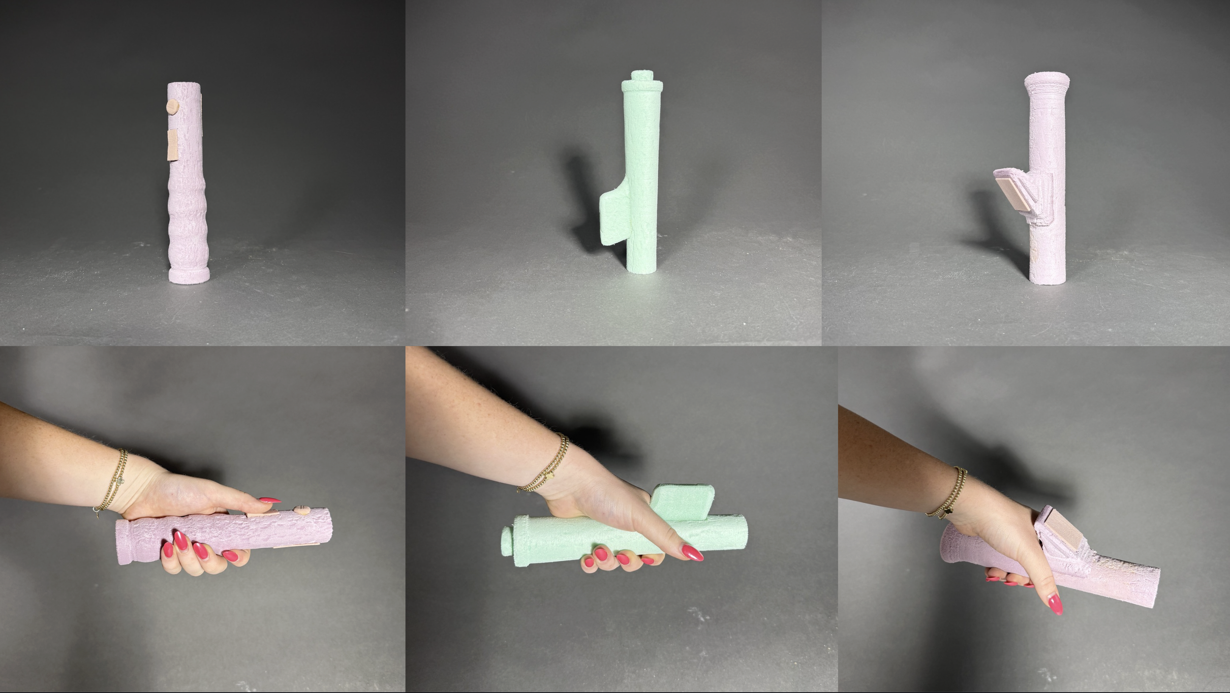 Collage of six images showing hands holding pastel-colored foam pool noodles in various positions.