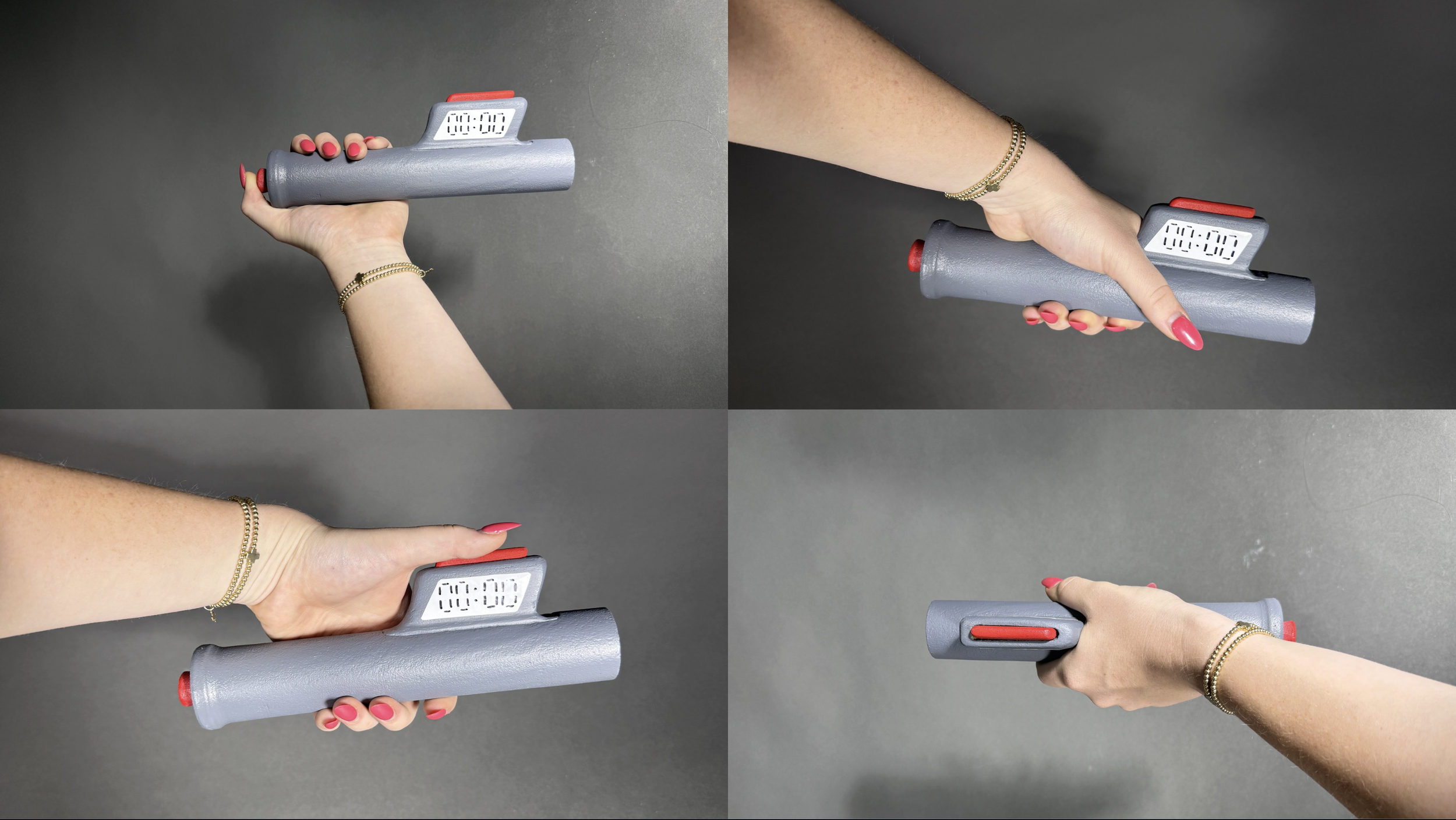 Multiple hands holding a gray timer with a digital display on a gray surface.