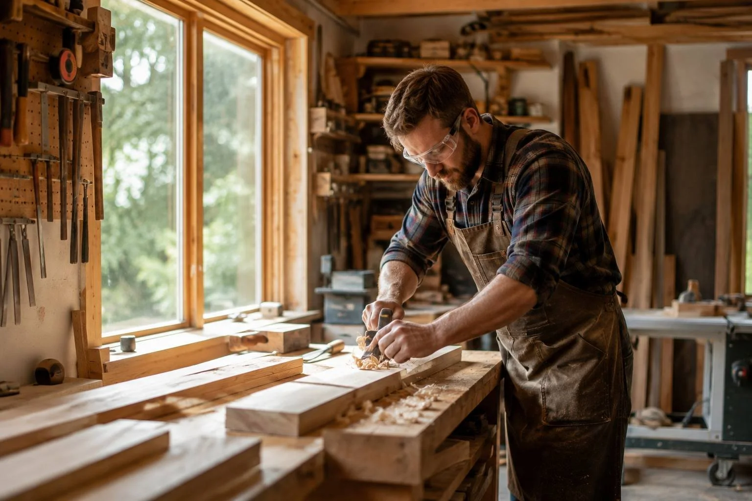 Man working on woodworking project in a carpentry workshop, using a chisel on wooden planks, wearing safety glasses and an apron, surrounded by woodworking tools and materials.