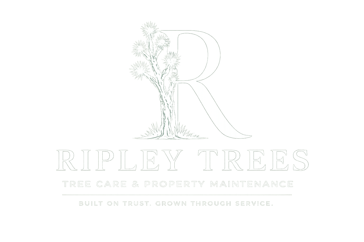 Logo for Ripley Trees, a tree care and property maintenance service, featuring a large letter R with a tree illustration integrated into it, and the slogan 'Built on Trust, Crown Through Service'.