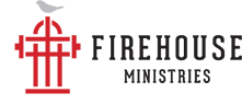 Logo of Firehouse Ministries with a red stylized firefighter's helmet and cross above the text.