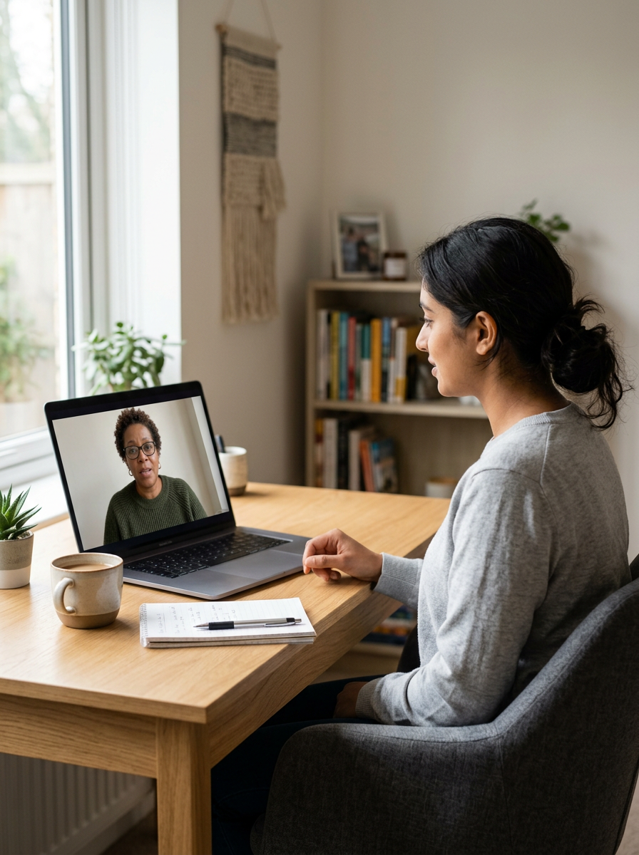 A woman with dark hair pulled back, sitting at a wooden desk having a video call on her laptop with a woman wearing glasses and a green sweater.