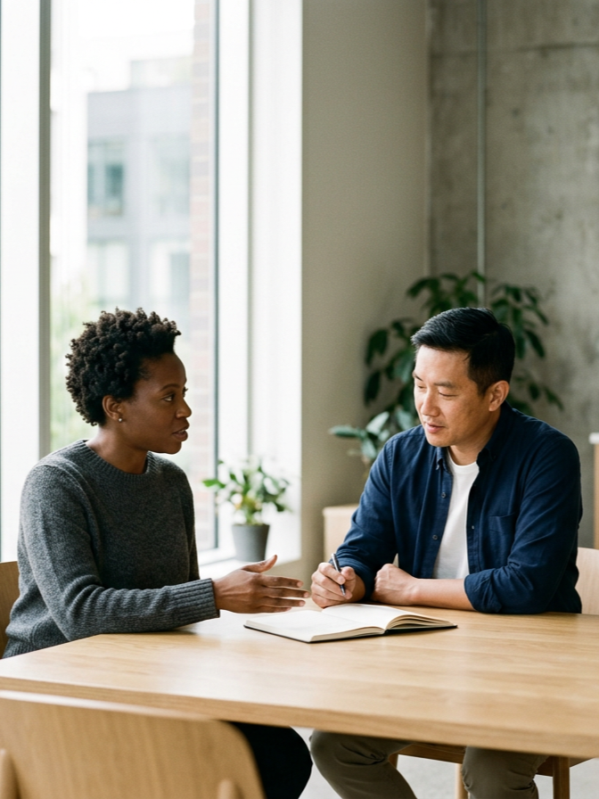 Two people sitting across from each other at a table in a room with large windows, having a conversation. One person is a woman with curly hair and a gray sweater, the other is a man with straight black hair, wearing a blue shirt.