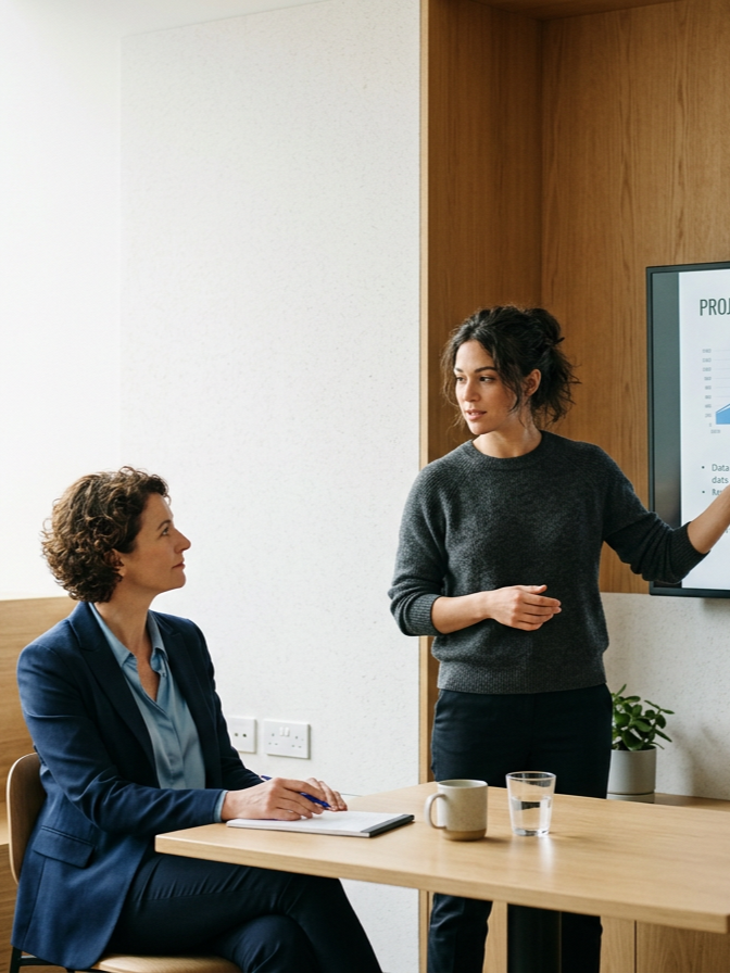 A woman in professional attire seated at a conference table, listening to another woman presenting while pointing at a screen with data and charts.