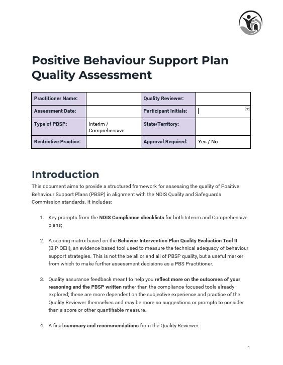 Behaviour Support Plan: Quality Assessment Report