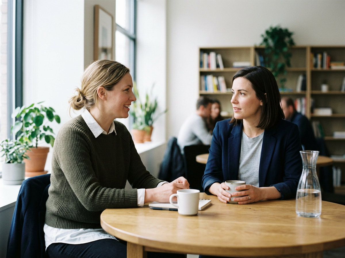 Two women having a conversation at a cafe table, with others in the background, bookshelves and plants nearby.