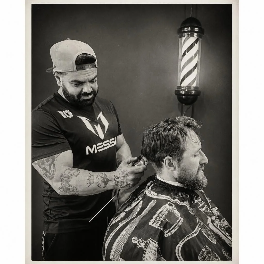 A barber giving a haircut to a male customer in a barbershop, with a barber wearing a cap backwards and tattoos on his arms, while the customer has a beard and is wearing a barber cape with barber-themed prints, and a vintage barber pole in the background.