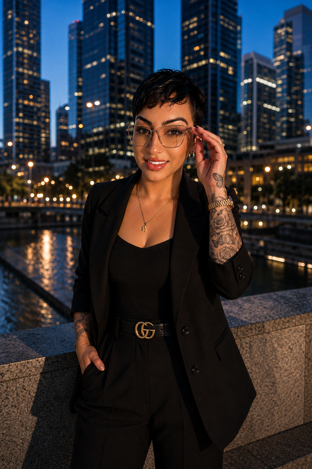 A stylish woman in black clothing and glasses posing on a city bridge at dusk with skyscrapers lit up in the background.