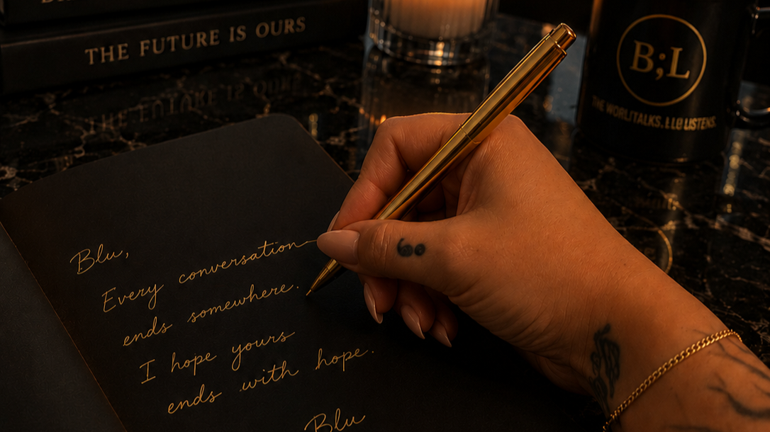 Tattooed handwriting in a black notebook with gold ink on a dark marble surface, symbolizing reflection, personal growth, and new beginnings.