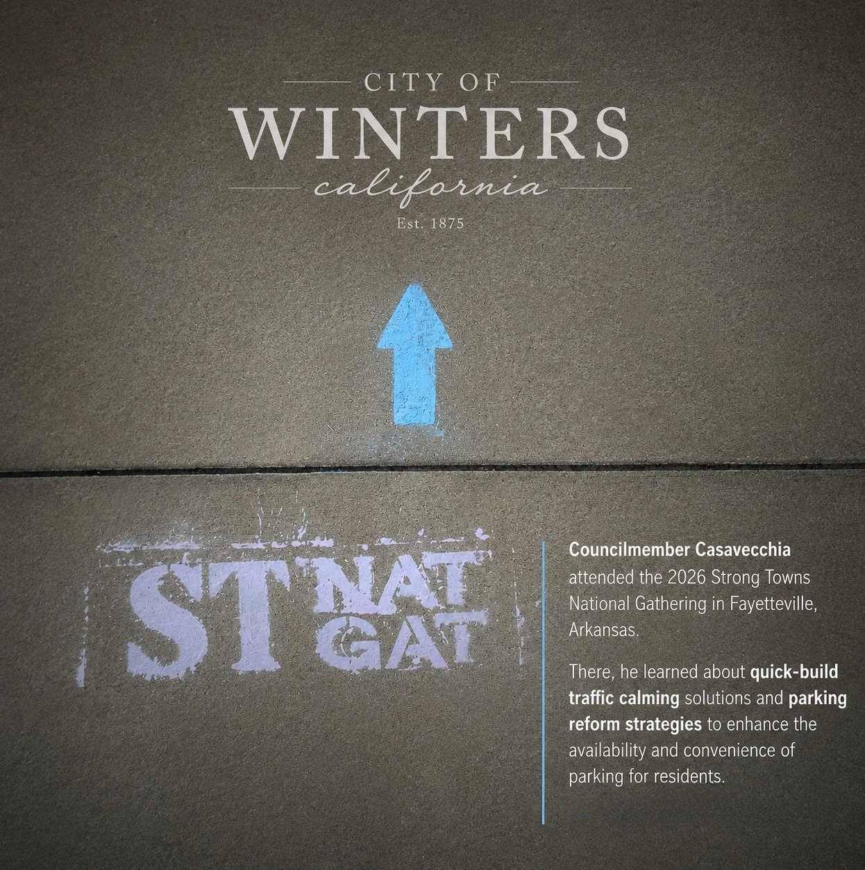 Sign indicating the city of Winters, California, established in 1875, with an arrow pointing upward. Below, a faded sign reads 'STATE GAT.' Text on the right mentions Councilmember Casavechia attending a 2026 Strong Towns National Gathering in Fayetteville, Arkansas, learning about traffic calming and parking reform strategies.
