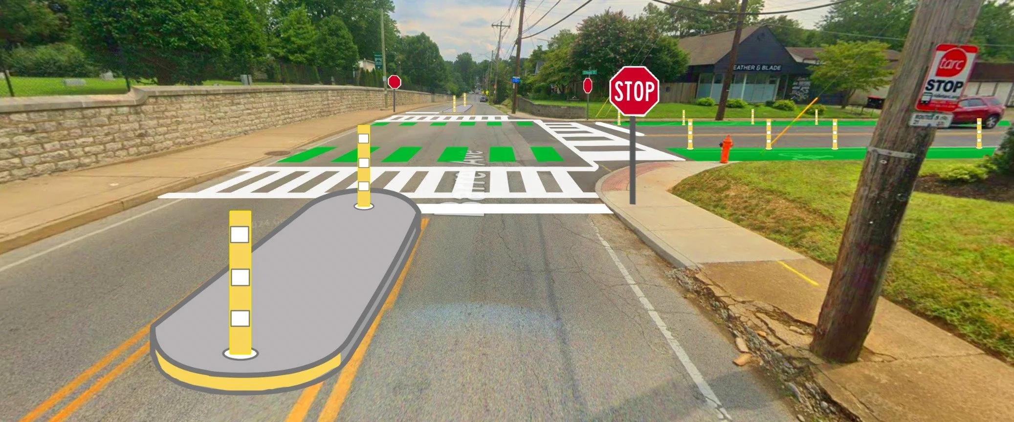 Illustration of a pedestrian crosswalk with a raised median island, traffic stop signs, and road markings indicating a pedestrian crossing zone.