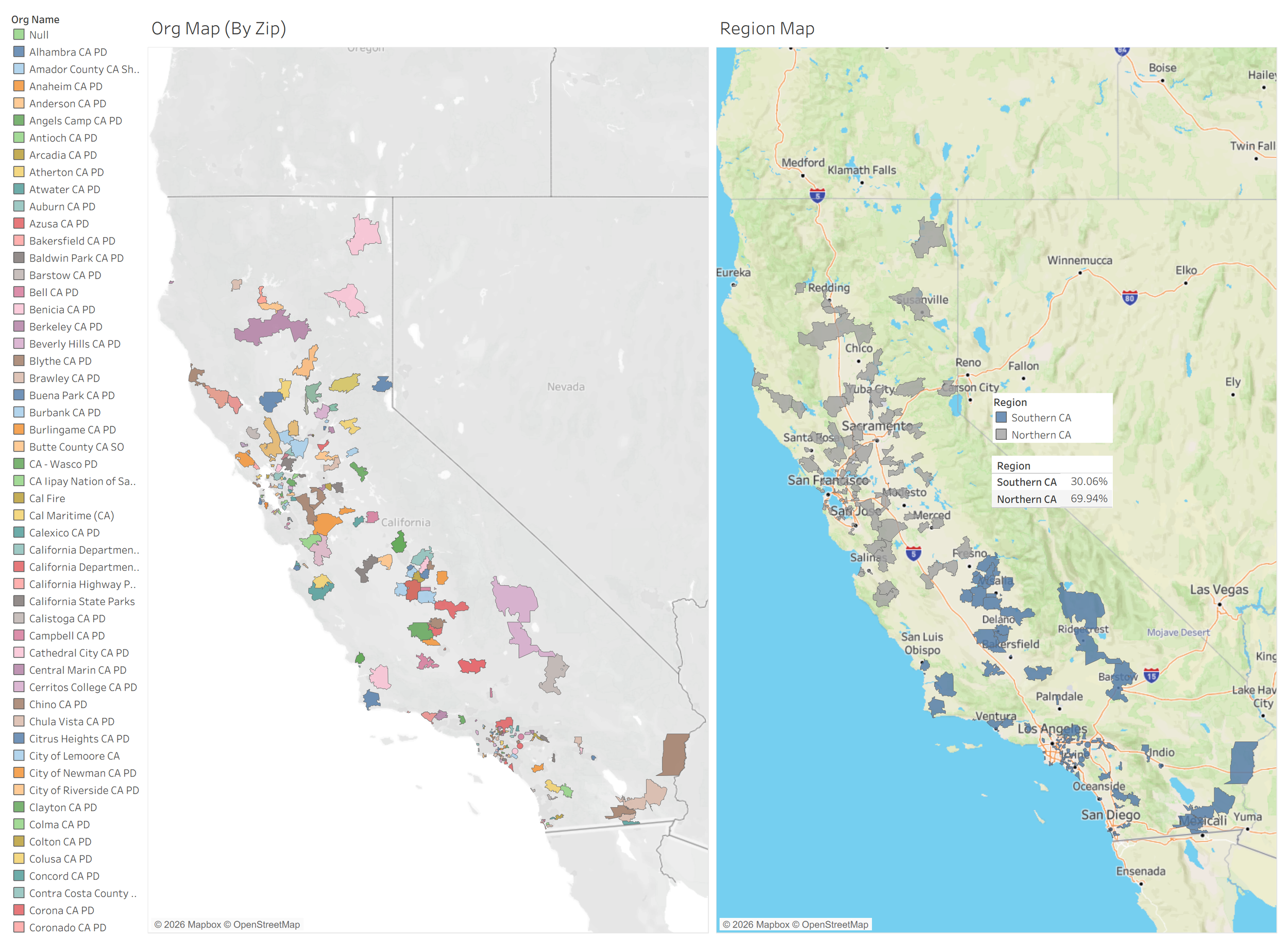 Maps displaying California police departments that search Winters Flock system, with a list of district names and color codes on the left, and two regional maps of California on the right, highlighting different districts in various colors.