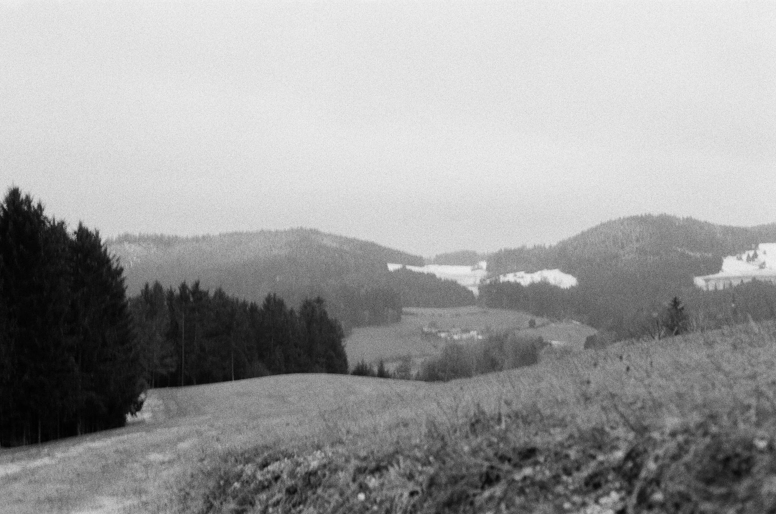 Landschaft mit Hügeln, Bäumen und verschneiten Flächen, schwarz-weiß, neblig.