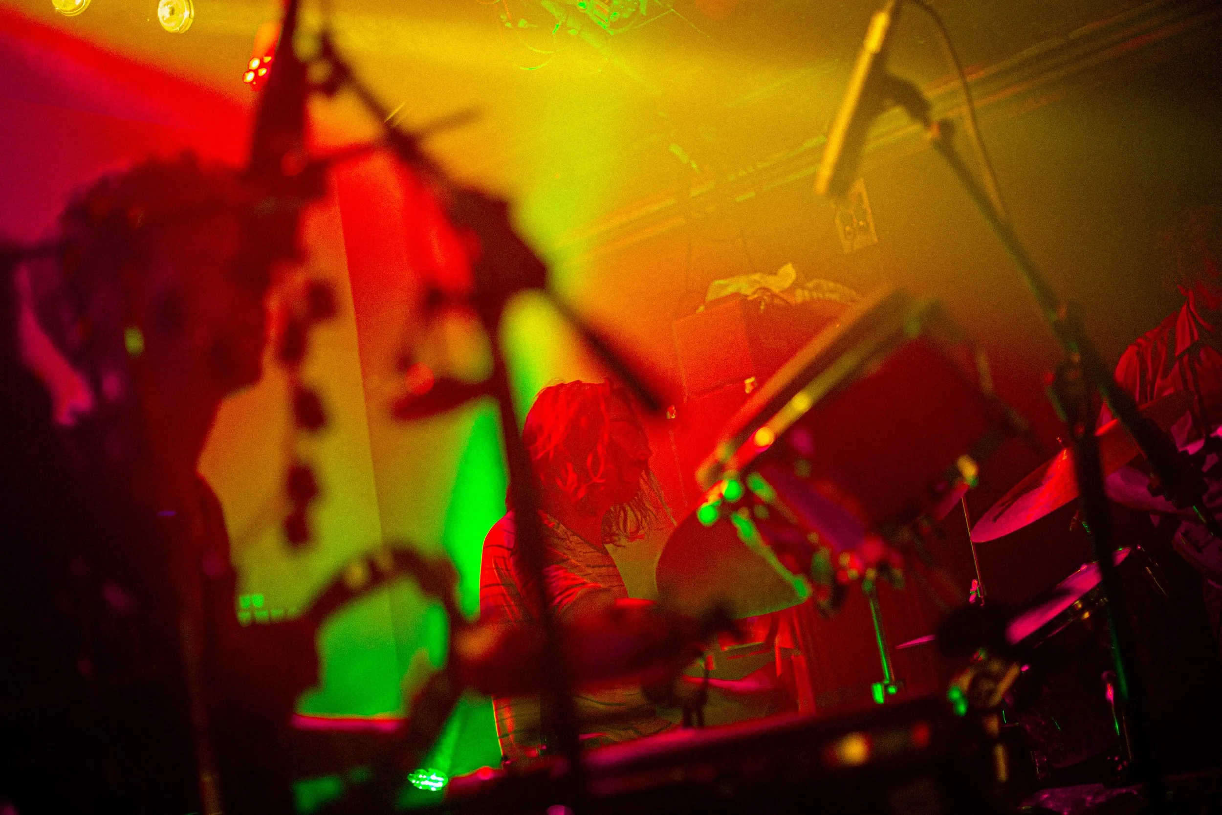 Musiker bei einem Konzert, beleuchtet mit bunten Lichtern, auf der Bühne spielend.