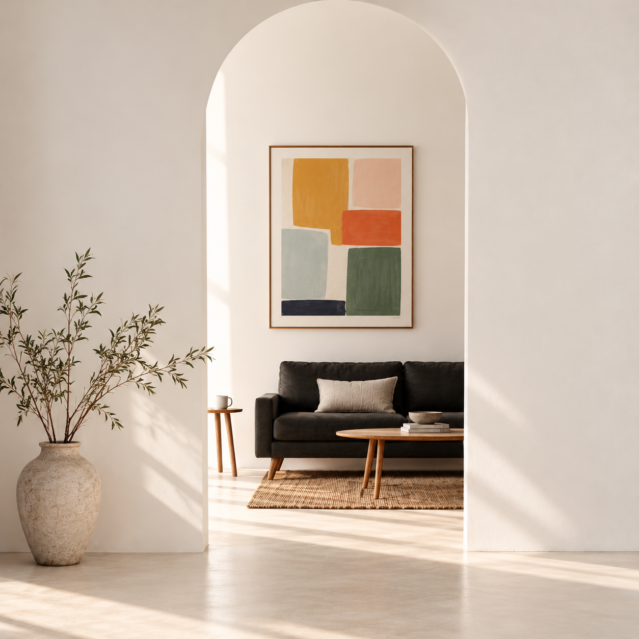 Sunlit room with artwork and balance