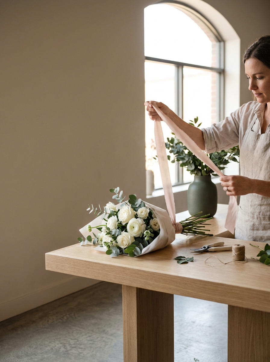 A woman arranging a white flower bouquet on a wooden table in a sunlit room.
