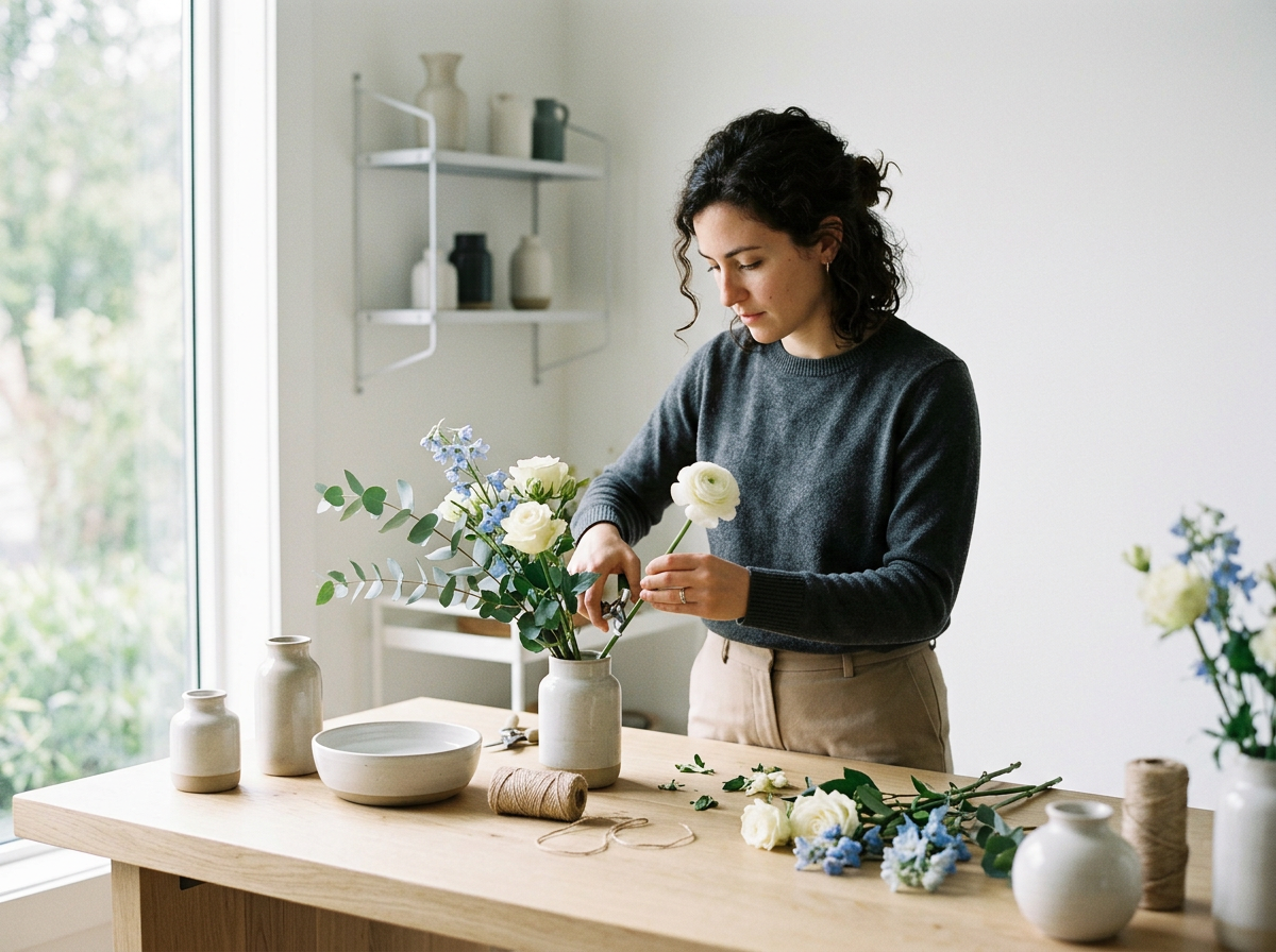 Woman arranging white and blue flowers in a beige ceramic vase on a wooden table with other vases and floral supplies.